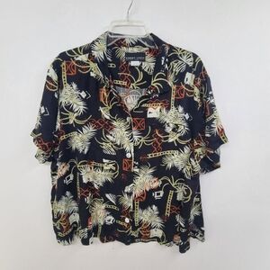 Men's Casual Collard Button Up Shirt Palm Leaf Print Black  Size XL